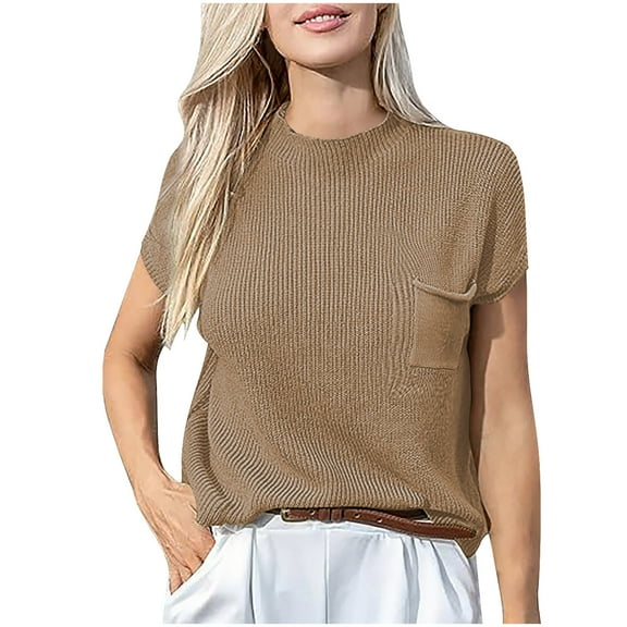 Women's Sweater Vest Crew Neck Short Sleeve Pullover Ribbed Knit Top Casual Loose Fit Tank with Pocket for Fall Summer Khaki M