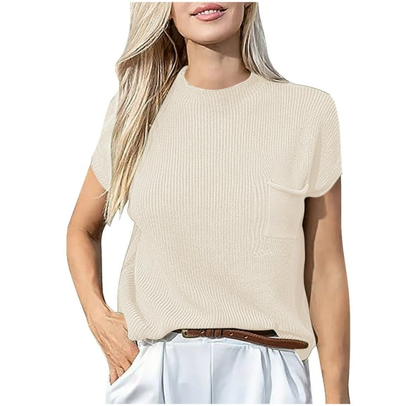 Women's Sweater Vest Crew Neck Short Sleeve Pullover Ribbed Knit Top Casual Loose Fit Tank with Pocket for Fall Summer White L