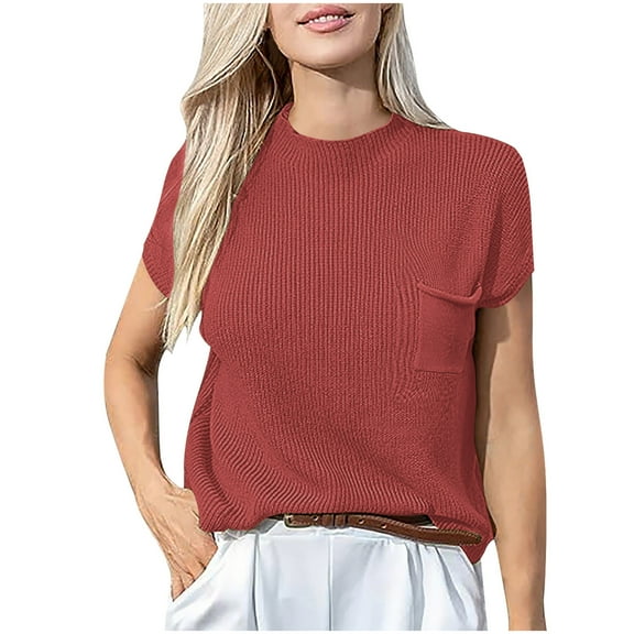 Women's Sweater Vest Crew Neck Short Sleeve Pullover Ribbed Knit Top Casual Loose Fit Tank with Pocket for Fall Summer Wine S