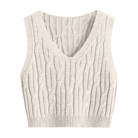 Women's Sweater Vest V Neck Cable Knit Sleeveless Loose Fit Solid Color Pullover Top S-M-L