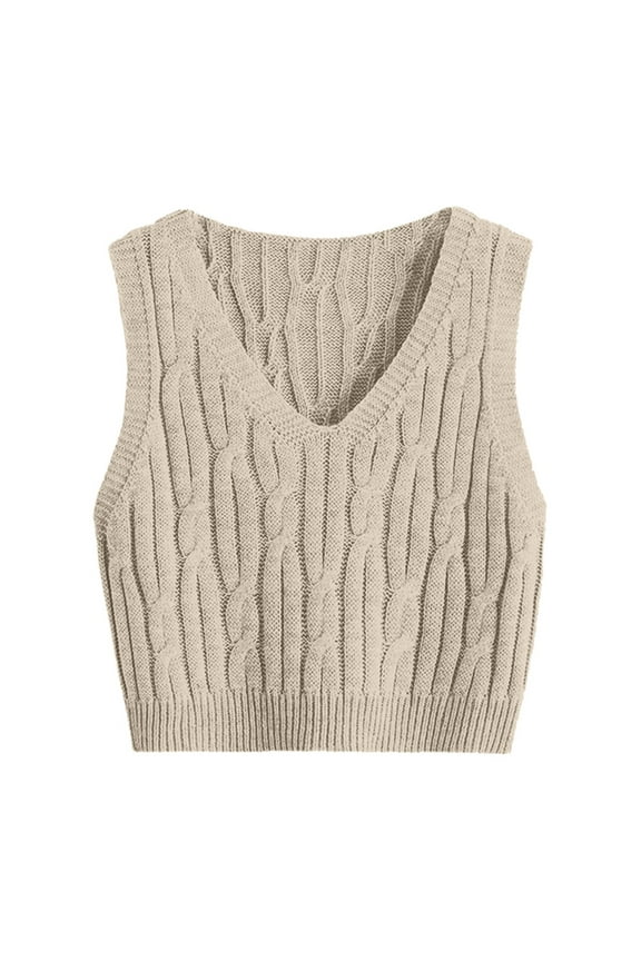 Women's Sweater Vest V Neck Cable Knit Sleeveless Loose Fit Solid Color Pullover Top S-M-L