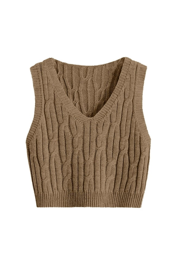 Women's Sweater Vest V Neck Cable Knit Sleeveless Loose Fit Solid Color Pullover Top S-M-L