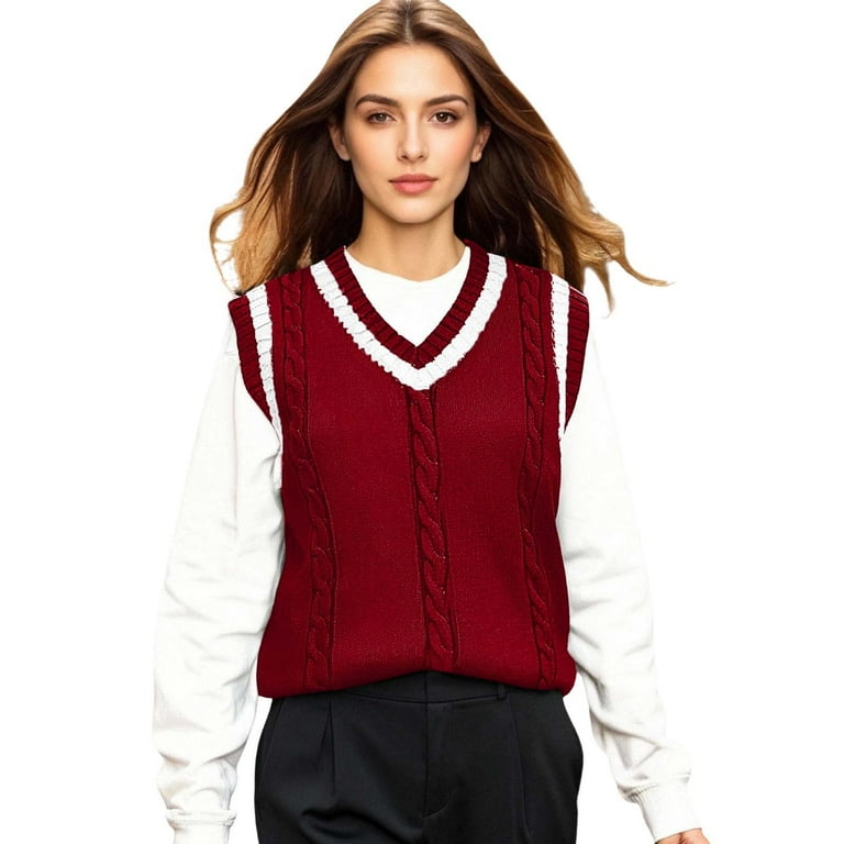 Sweater Vest Red Knit Tank Top Red Cotton Cable-Knit Sleeveless V