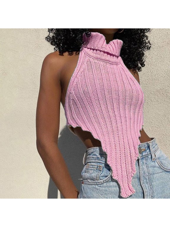 Women's Sweater Vest for Women - Irregular Knit Backless Turtleneck Slim Fit Solid Color Sleeveless Knitwear for Contemporary Layering