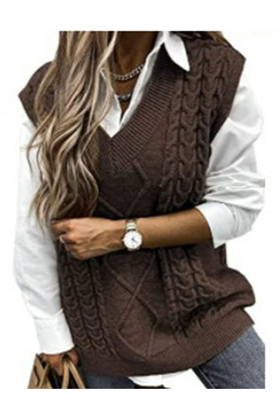 Women's Sweater Vests Cable Knitted Sleeveless Vest Sweaters V Neck Knitwear Tank Pullover Cogild