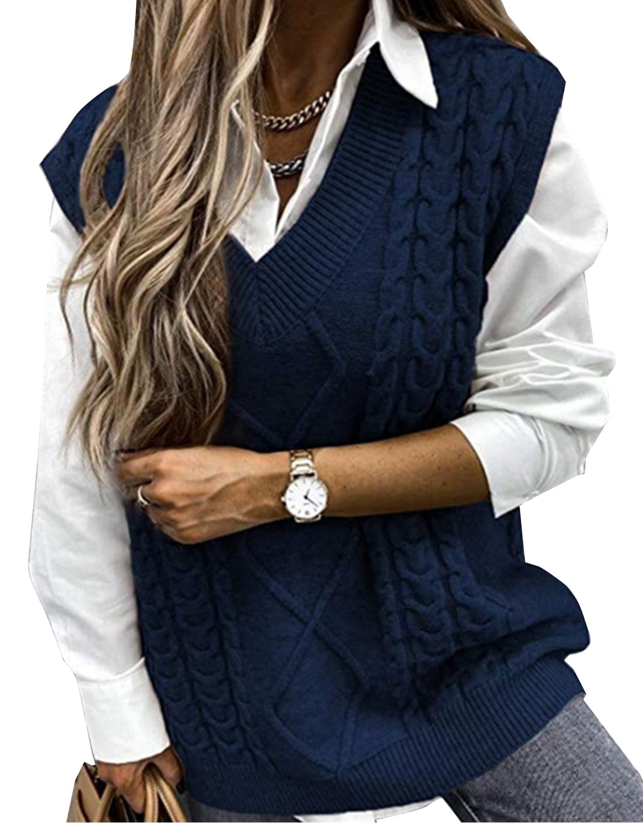 Sleeveless cable knit V-neck vest for women | Eliza