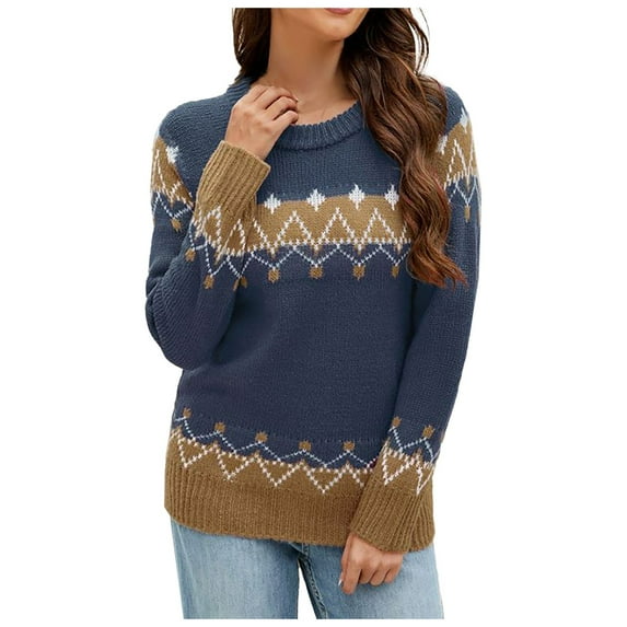 Women's Sweater Vintage Color Block Knitted Long Sleeve Shirts Jacquard Loose Fit Fall Sweaters