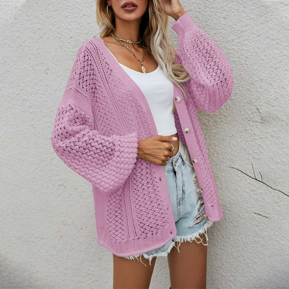 Women's Sweaters And Cardigans Pink Fashion Sweater Coat Top Cardigan Loose Hollow Out Sleeve Coat