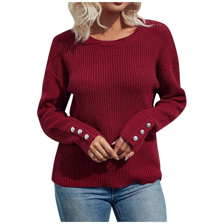 Women s Sweaters Cardigans For Women Cute Sweaters Dressy Casual Fall Winter Women s Autumn Solid Color Long Sleeve Pullover Knit Sweater Pullover Sweater Lightweight Sweatshirt L Wine TBKOMH Walmart....