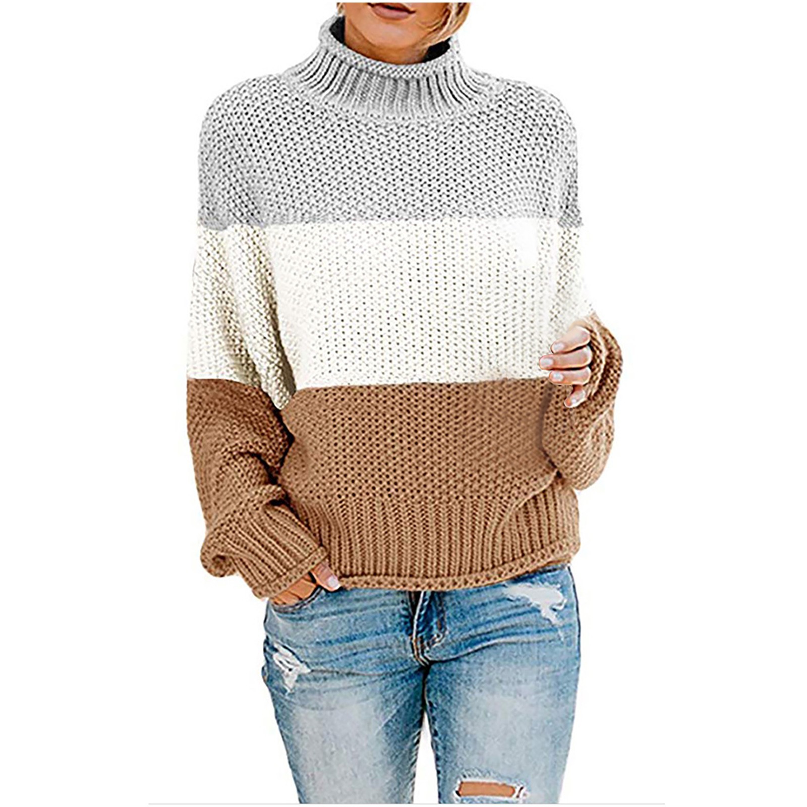 Women s Sweaters Casual Long Sleeve Mock Neck Color Block Patchwork Pullover Knit Sweater Tops Trendy Lightweight Shirt Gray XXXXL Walmart