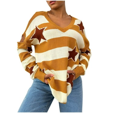 Women's Sweaters Casual Splicing Long Sleeved Blouses Knitted Sweater Pullover Fashion V Neck Star Striped Sweater Winter Warm Lined Sweater Tops