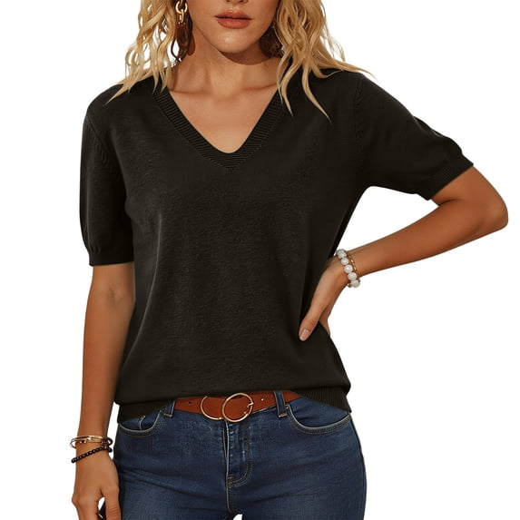 Women's Sweaters Casual V Neck Short Sleeve Knit Summer Pullover Sweater Tops Black 2XL