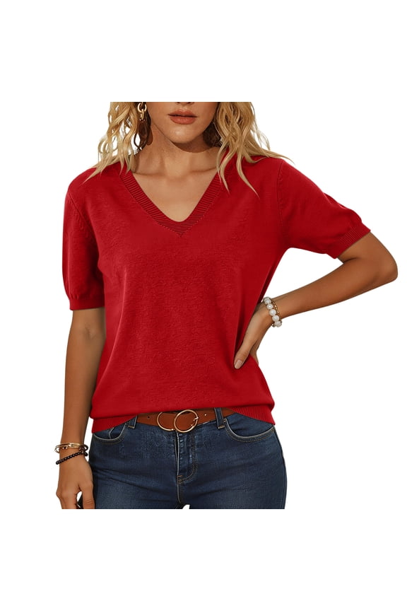 Women's Sweaters Casual V Neck Short Sleeve Knit Summer Pullover Sweater Tops Red L