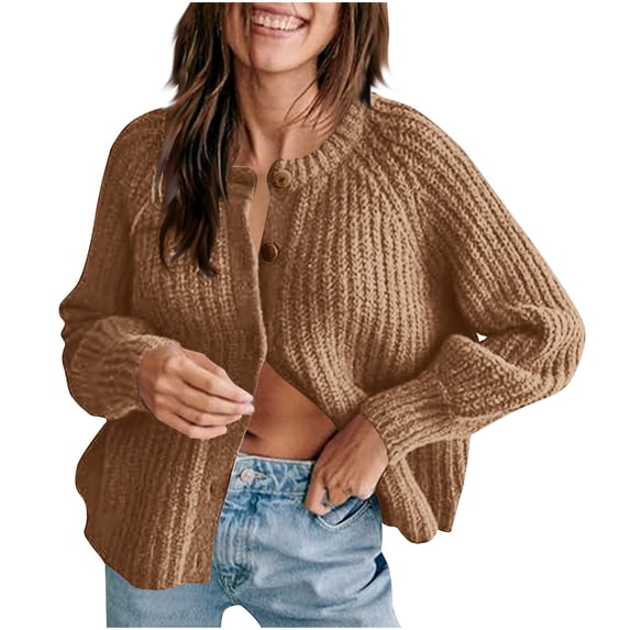 Women's Sweaters Under $15 Size XL Solid Color Button Sweater Jacket Long Sleeved Round Neck Knitted Sweater Top 2024 Winter New Item
