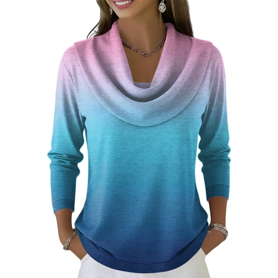 Women's Sweaters Cowl Neck Ribbed Cuffs Long Sleeve Womens Blouses Soft Knit Gradient Color Womens Tops Casual