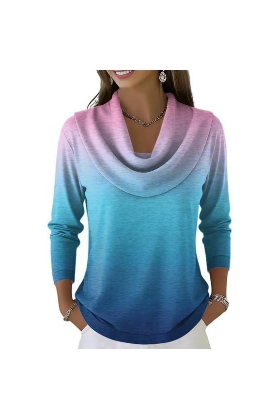 Women's Sweaters Cowl Neck Ribbed Cuffs Long Sleeve Womens Blouses Soft Knit Gradient Color Womens Tops Casual