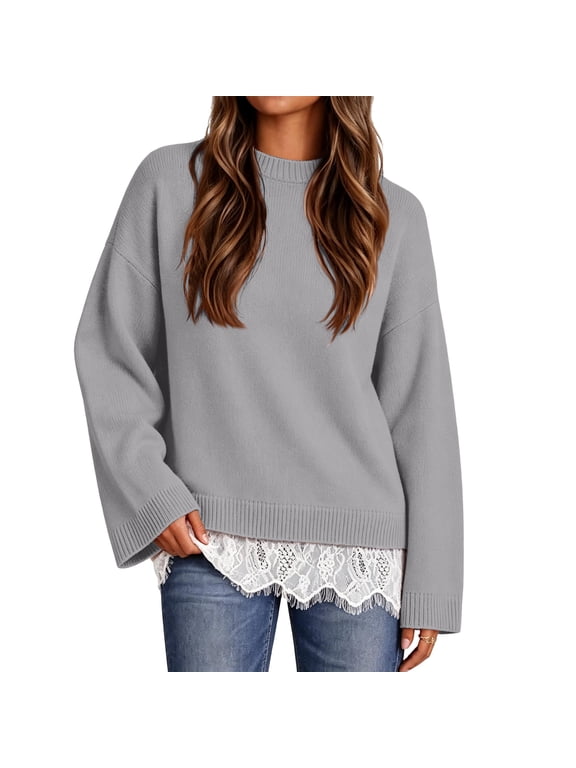 Women's Sweaters Crew Neck Long Sleeve Lace Hem Winter Pullover Tops Knit Basic Fall Oversized 2026 Sweater Gray XL