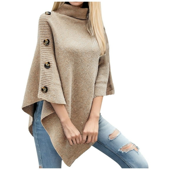Women's Sweaters Fall Clothes Women Solid Color Turtleneck Knitted Cape Sweater Poncho Cardigan Coat