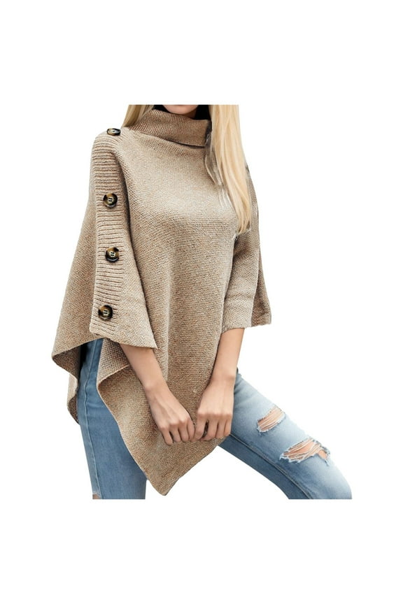 Women's Sweaters Fall Clothes Women Solid Color Turtleneck Knitted Cape Sweater Poncho Cardigan Coat