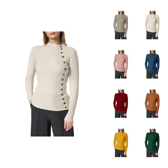 Women’s Sweaters Fall Outfits, Solid Color Half Turtleneck Button-Down Pullover Sweater Top for Autumn Winter Layering