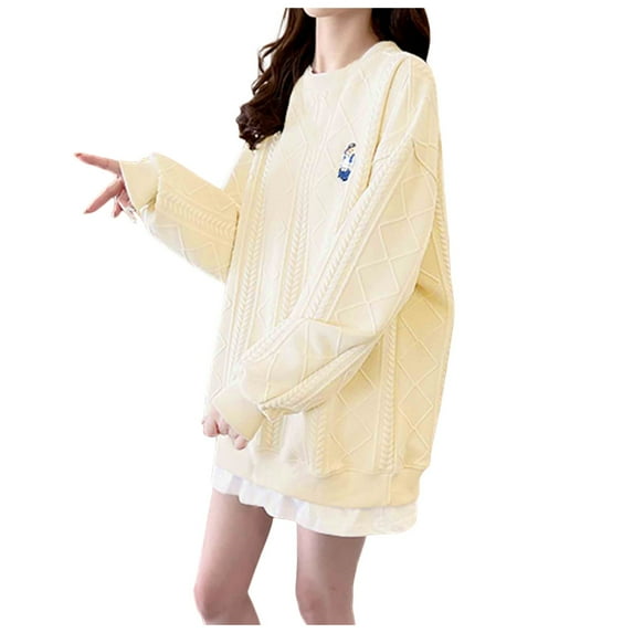 Women's Sweaters Fall Winter Plus Size Cartoon Bear Graphic Knitted Long Sleeve Crew Neck Pullover Sweaters Loose Fit Cover Up Casual Trendy Sweater Tops for Women Beige L