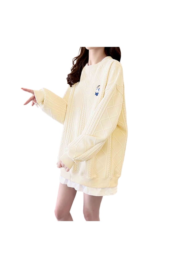 Women's Sweaters Fall Winter Plus Size Cartoon Bear Graphic Knitted Long Sleeve Crew Neck Pullover Sweaters Loose Fit Cover Up Casual Trendy Sweater Tops for Women Beige L