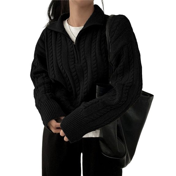 Women's Sweaters Fall Winter Quarter Zip Long Sleeves Casual Ribbed Cable Knit Pullover Black One Size