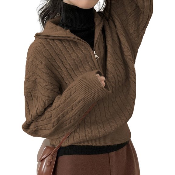 Women's Sweaters Fall Winter Quarter Zip Long Sleeves Casual Ribbed Cable Knit Pullover Brown One Size