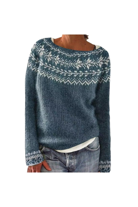 Women's Sweaters Floral Pattern Pullover Long Sleeve Round Neck Outerwear Tops Vintage Fall Winter Sweater Navy XL