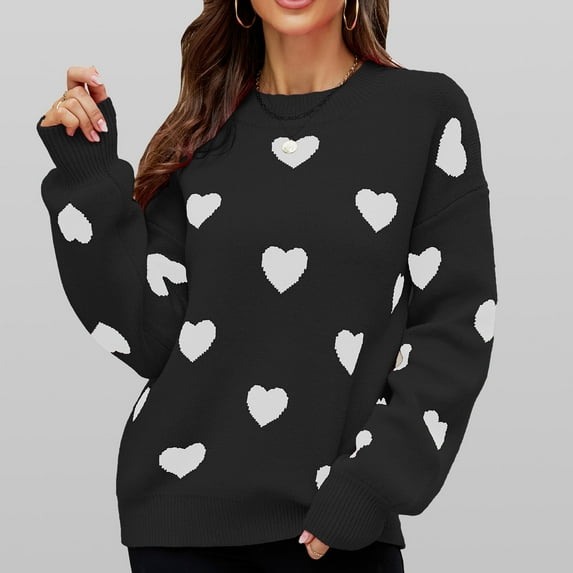 Women's Sweaters Heart Pink Striped Pullover Knitted Sweater Long Sleeved Round Neck