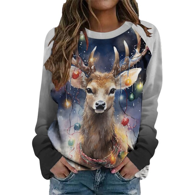Women's Sweaters Hoodies Fashion Deer Print Round Neck Long Sleeved