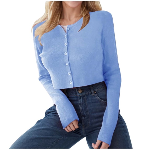 Women's Sweaters Light Solid Color Round Neck Long Sleeve Button Ribbed Knit Cardigan Cropped Casual Outerwear