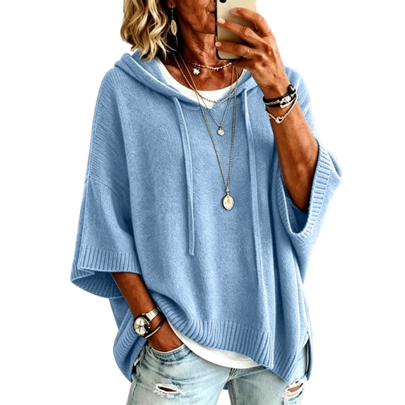Women's Sweaters Light Summer Hooded Knit Sweater Relaxed Half Sleeve Oversized Loose Fit Drawstring Hood Lounge Vacation Sweater