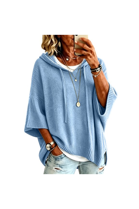 Women's Sweaters Light Summer Hooded Knit Sweater Relaxed Half Sleeve Oversized Loose Fit Drawstring Hood Lounge Vacation Sweater