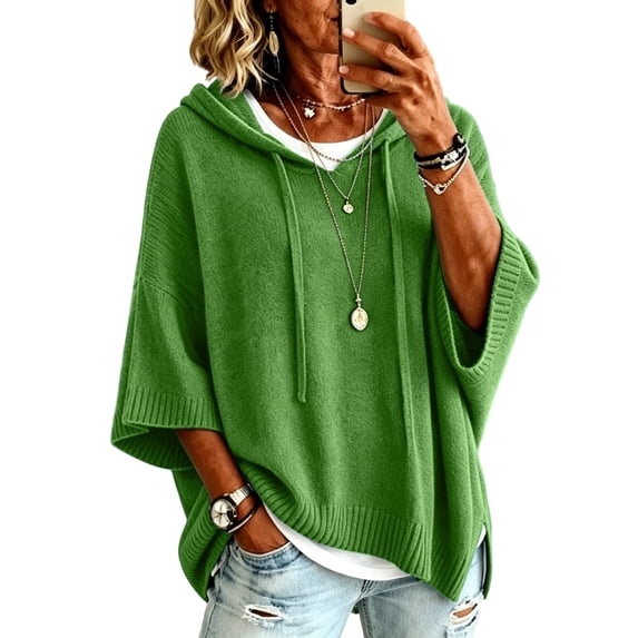 Women's Sweaters Light Summer Hooded Knit Sweater Relaxed Half Sleeve Oversized Loose Fit Drawstring Hood Lounge Vacation Sweater