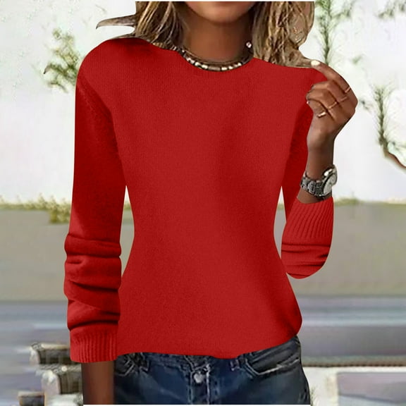 Women's Sweaters Lightweight Red Solid Color Round Neck Pullover Knitted Sweater Long Sleeved Inner And Outer Base Shirt Top