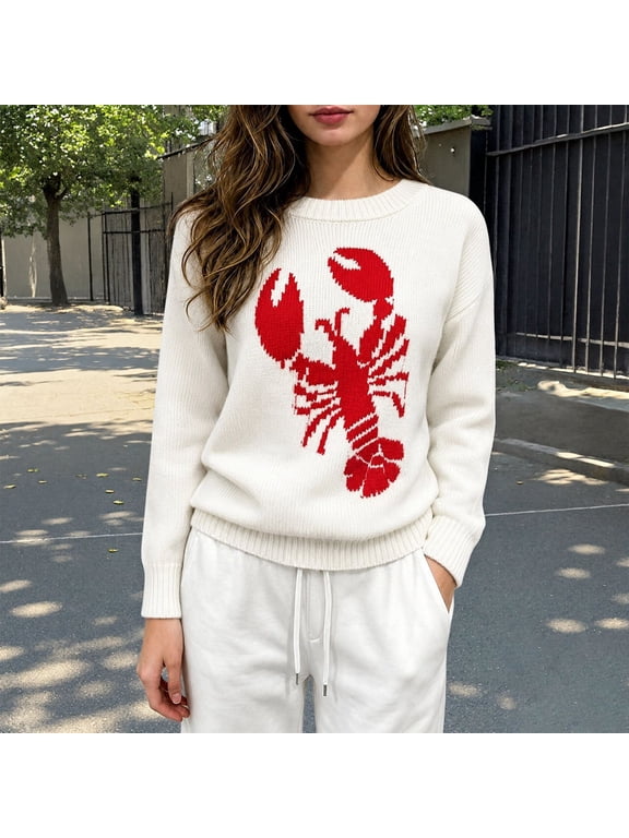 Women's Sweaters Lobster Print Crew Neck Long Sleeve Loose Knit Pullover Fun Unique Fall Winter Casual Comfortable Top White XL
