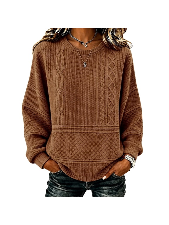 Women's Sweaters Long Sleeve Crew Neck Basic Y2k Sweater Cable Knit Solid Fall Oversized Soft 2026 Pullover Tops Brown S