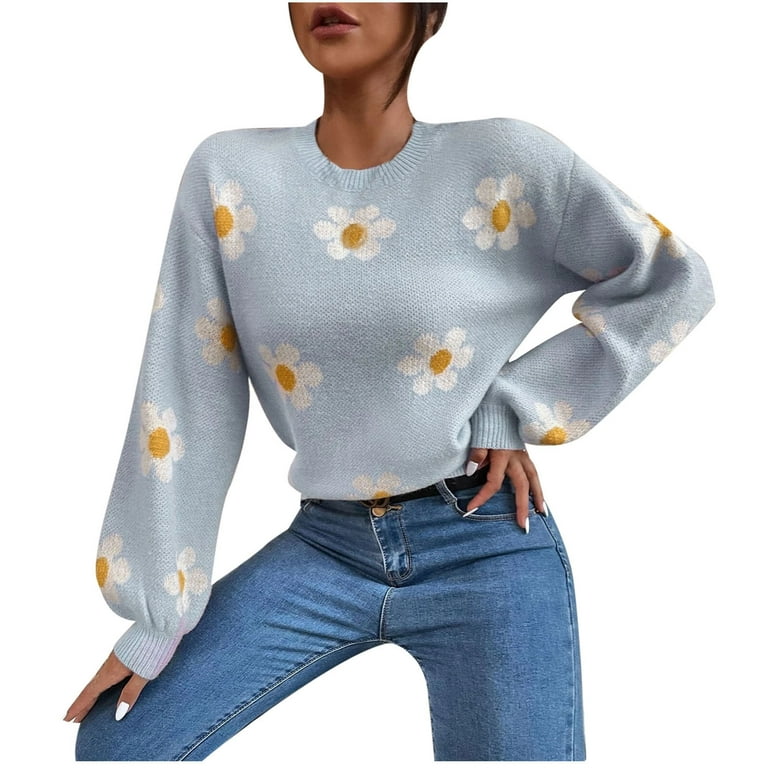 Flower Embroidery Solid Color Round Neck Sweaters Flower Embroidery Solid Color Round Neck Sweaters