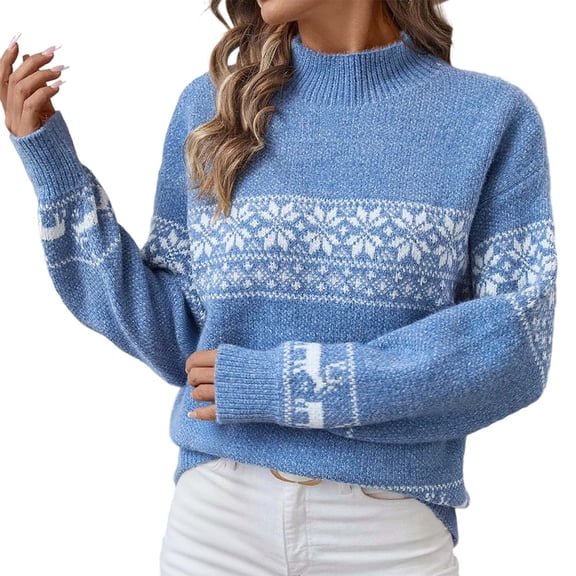 Women's Sweaters Long Sleeve High Neck Fair Isle Knit Pullover Sweater Winter Casual Loose Tunic Snowflake Graphic Fall Sweaters for Women 2025 Blue S