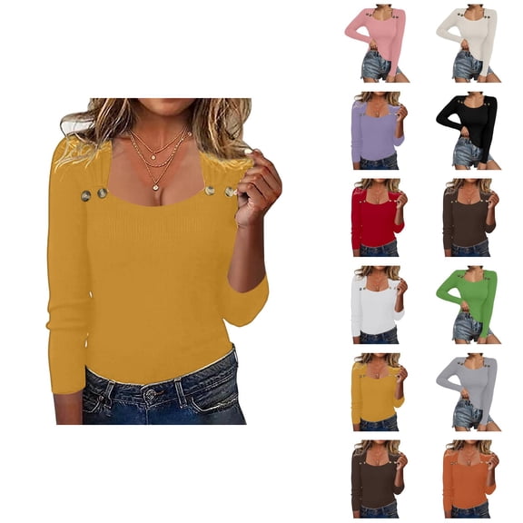 Women's Sweaters Long Sleeve Pullover Casual Trendy Minimalist Spring Clothing Knit Pullover Sweater Winter Autumn Square Neck Button Down Top Soft Stretch Casual Blouse Tunic Long Sleeve Shirt
