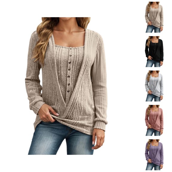 Women's Sweaters Long Sleeve Pullover Casual Trendy Minimalist Spring Clothing Knit Sweater Pullover Winter Button Down Cardigan Style Soft Cozy Casual Long Sleeve Crewneck Fall Fashion