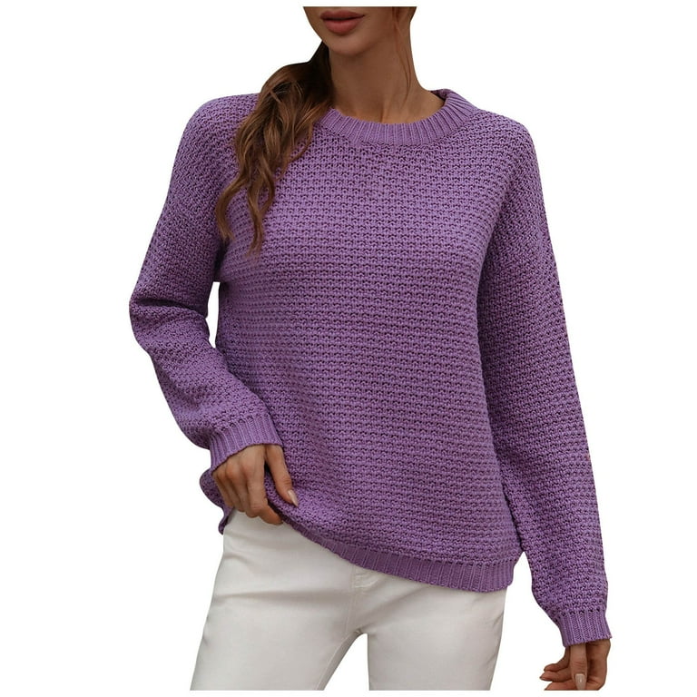 Women s Sweaters Long Sweater Fall Cute Outfits For Women Women s Autumn And Winter Solid Round Neck Sleeve Knit Sweater Pullover Color Neck Pullover Sweater Sweaters Trendy 2022 M Purple TBKOMH Walma...