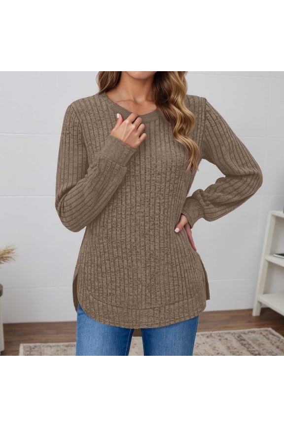 Women's Sweaters Loose Fit Pullover Sweater with Curved Hem Casual Round Neck Top for Everyday Wear