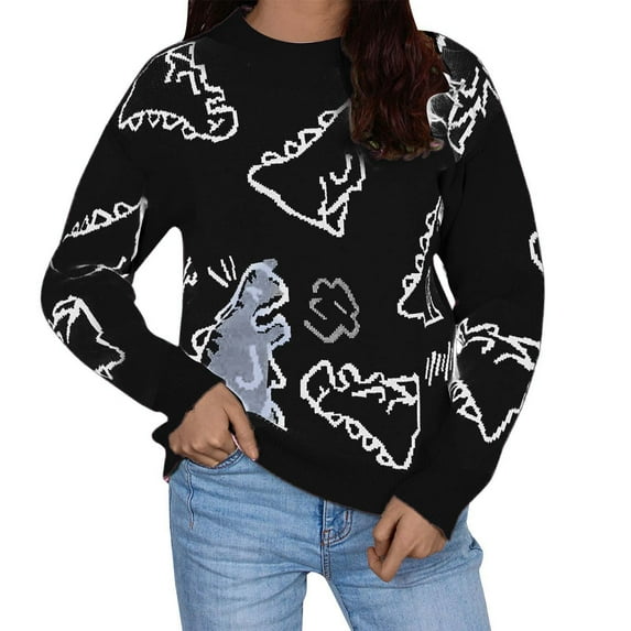 JIKNTTR Women's Sweaters Loose Stylish Dinosaur Print Sweater Oversized Pullover Girl Streetwear Fashionable Clothes