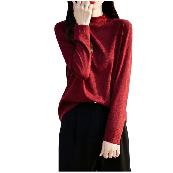 Women's Sweaters Mock Neck Long Sleeve Knitted Graphic Fall Winter Fashion Casual Pullover Sweater Tops (XXL, Red)