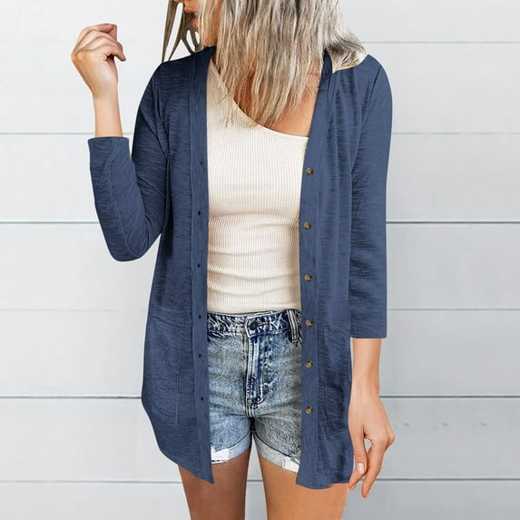 Women's Sweaters Plus Size Cardigan Solid Color Three Quarter Sleeve 3/4 Sleeve Casual Tops Blouse Cardigan