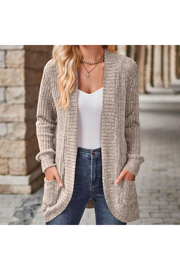 Plus Size Women's Long Cardigan Sweater with Pockets Casual Comfortable Open Front Everyday Wear