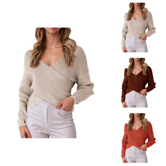 Women's Sweaters Pullover Cropped Casual Knit Y2K Trendy Summer Concert Clothing Women's Fall Winter Top Shirt Long Sleeve V Neck Sexy Elegant Sweater Top Front Solid Casual Loose Knit Pullover
