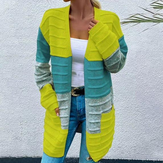 Women's Sweaters Pullover Stripe Large Pocket Long Striped Color Blocked Cardigan Sweater Jacket